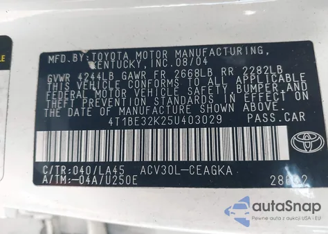 2005 Toyota Camry Xle z USA, uszkodzony, nr VIN 4T1BE32K25U403029